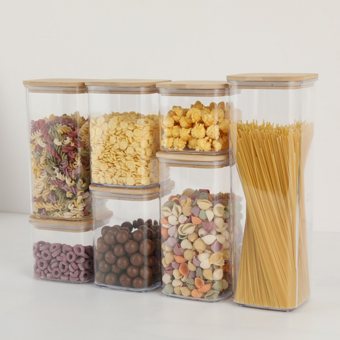 Cutii de Depozitare Alimente, Flippy, Set din 7 Cutii de tip Container, Cutii pentru Cereale, din Plastic, Capac din Bambuc, 2pc 0.5 l, 2pc 0.8 l, 2pc 1.2 l, 1pc 2.5 l, Transparente [2]