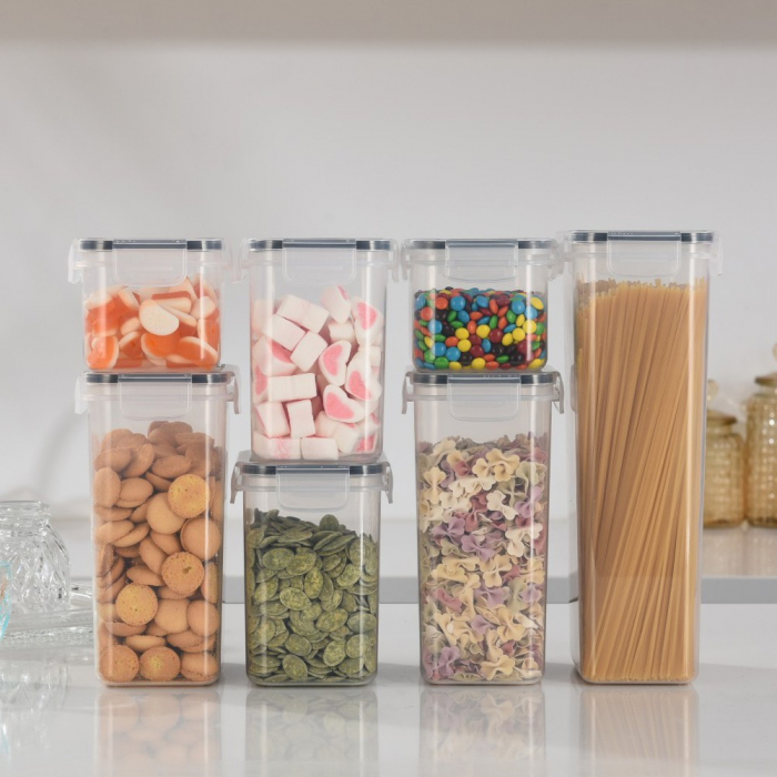 Cutii de depozitare alimente, Flippy, Set din 7 Cutii pentru Condimente, Cereale, Cutii pentru Bucatarie, din Plastic PP, Cutii Alimentare, Diferite Dimensiuni, Transparente [7]