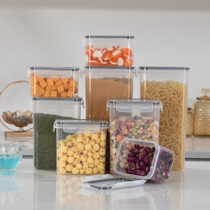 Cutii de depozitare alimente, Flippy, Set din 8 Cutii pentru Condimente, Cereale, Cutii pentru Bucatarie, din Plastic PP, Cutii Alimentare, Diferite Dimensiuni, Transparente [7]