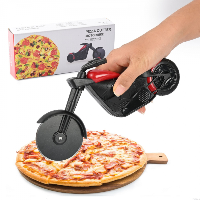 Cutit pizza creativ Flippy, in forma de bicicleta, cu suport pentru cutit, 19 x 12.5 cm, otel/PP, negru [6]