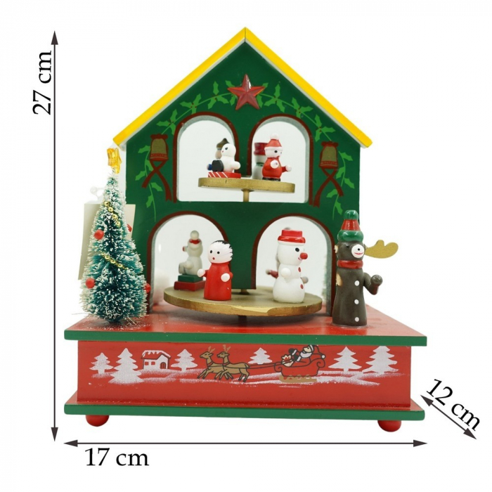 Cutiuta muzicala decorata, Casuta de Craciun, Multicolor, din Lemn, 17 cm x 20 cm, Interior, Flippy [11]