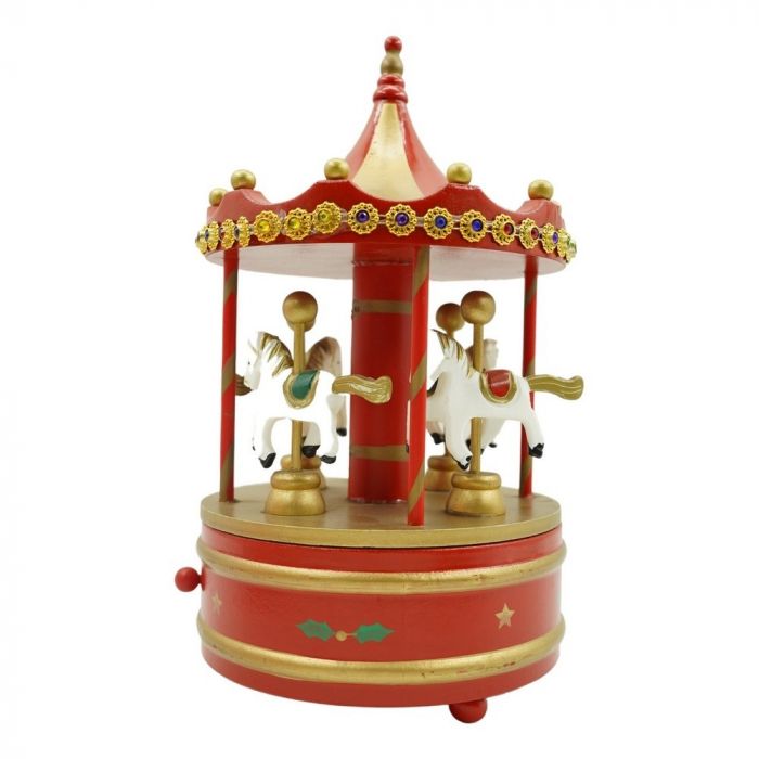 Cutiuta muzicala decorata de Craciun, Carusel rotativ, Rosu, din Lemn, Interior, Flippy [1]