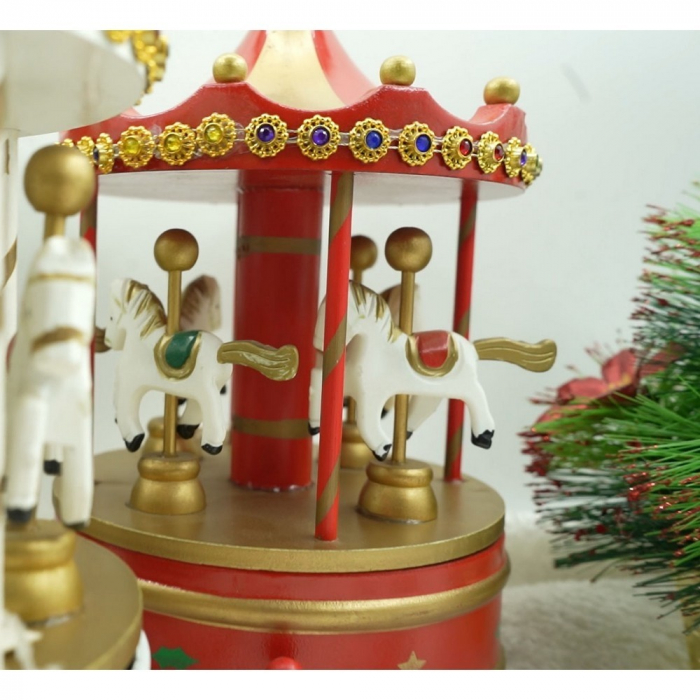Cutiuta muzicala decorata de Craciun, Carusel rotativ, Rosu, din Lemn, Interior, Flippy [10]