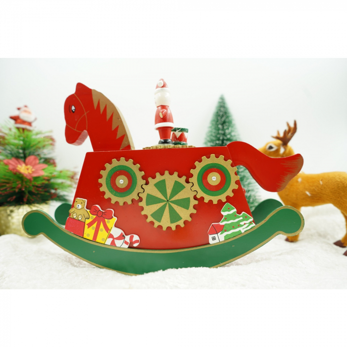 Cutiuta muzicala decorata de Craciun, Ponei, Rosu, din Lemn, 18 cm x 25 cm, Interior, Flippy [2]