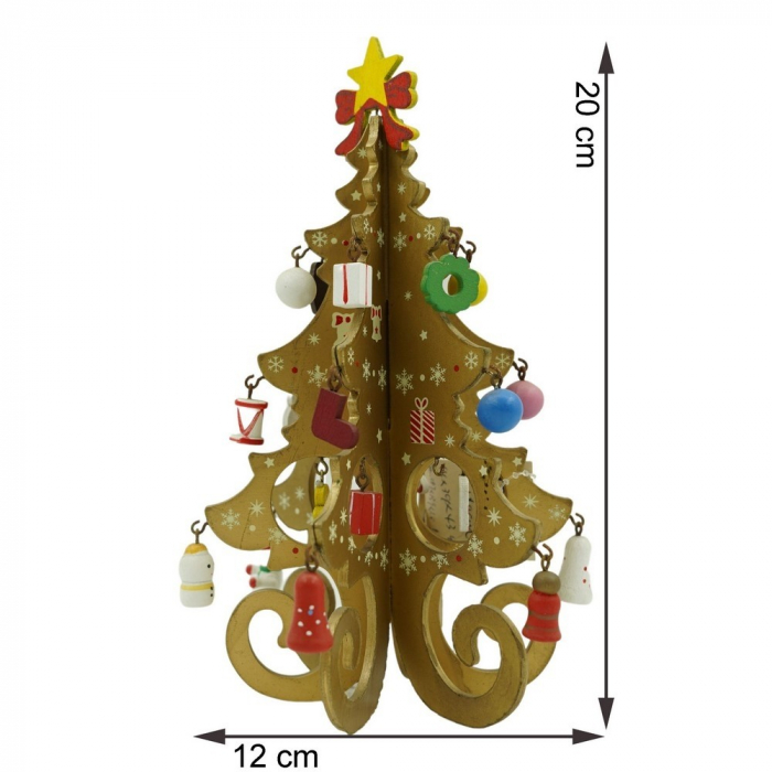 Decoratiune Craciun, Brad, Auriu, 6 cavitati cu ornamente, 12 cm x 20 cm, Lemn, Flippy [11]