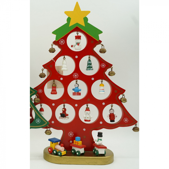Decoratiune Craciun, Brad, Rosu, 10 cavitati cu ornamente, 20.5 cm x 28 cm, Lemn, Flippy [2]