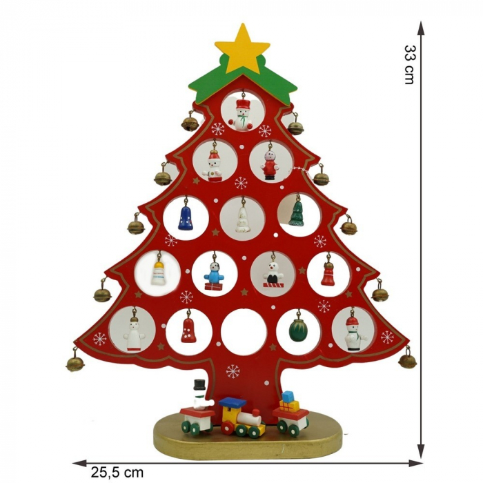 Decoratiune Craciun, Brad, Rosu, 15 cavitati cu ornamente, 25.5 cm x 33 cm, Lemn, Flippy [11]