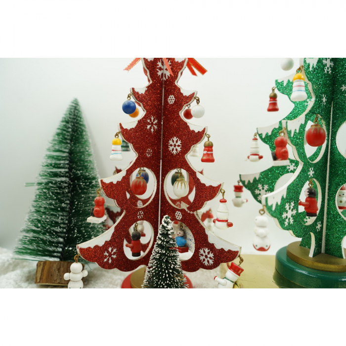 Decoratiune Craciun, Brad, Rosu/Alb, 8 cavitati cu ornamente, 18.5 cm x 33 cm, Lemn, Flippy [3]