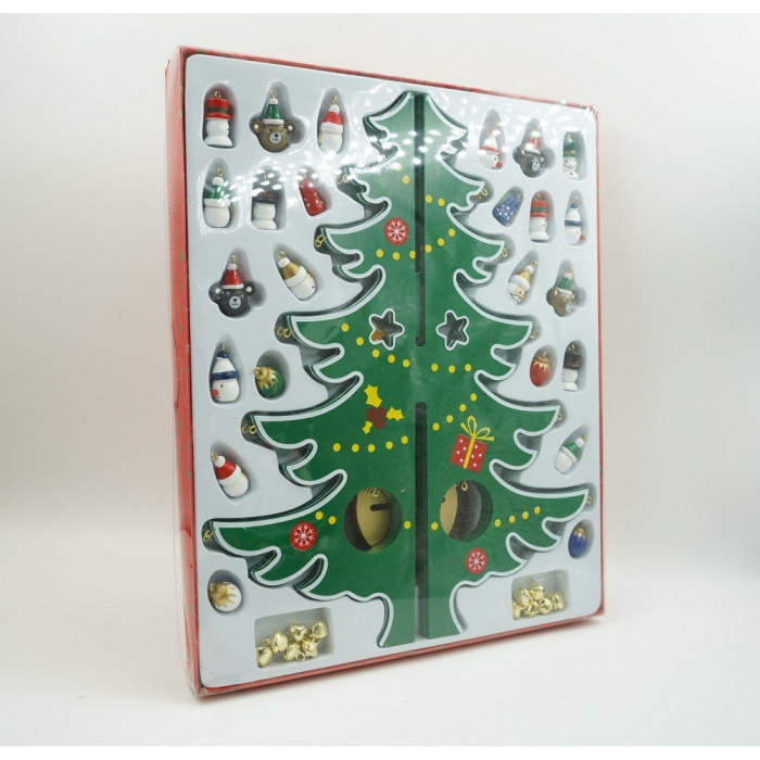 Decoratiune Craciun, Brad, Verde/Alb, 15 cavitati cu ornamente, 25.5 cm x 33 cm, Lemn, Flippy [7]
