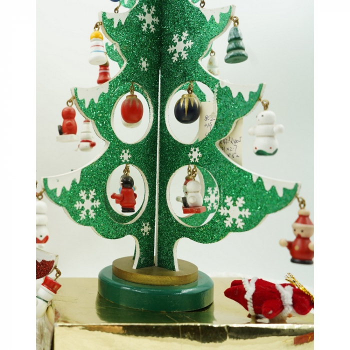 Decoratiune Craciun, Brad, Verde/Alb, 8 cavitati cu ornamente, 18.5 cm x 33 cm, Lemn, Flippy [7]