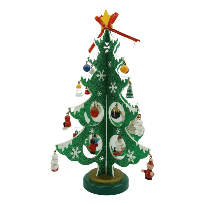 Decoratiune Craciun, Brad, Verde/Alb, 8 cavitati cu ornamente, 18.5 cm x 33 cm, Lemn, Flippy [1]