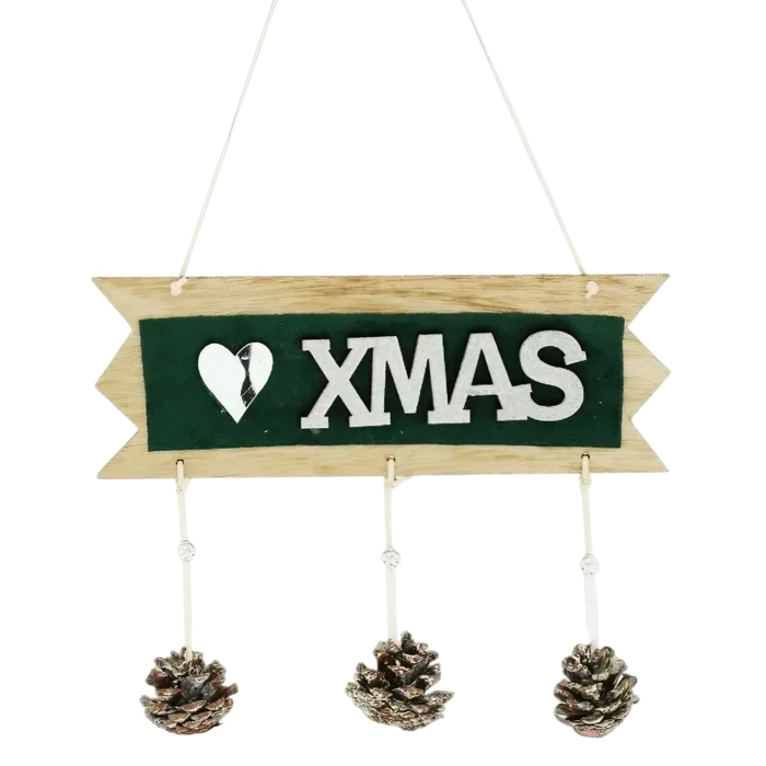 Decoratiune Craciun din Lemn, Flippy, Model Scris Xmas, Conuri Atarnate, cu Inimioara 25x9 cm, pentru Brad sau Usa, Verde/Argintiu [5]