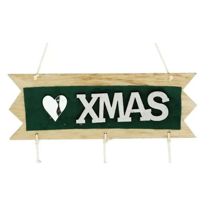 Decoratiune Craciun din Lemn, Flippy, Model Scris Xmas, Conuri Atarnate, cu Inimioara 25x9 cm, pentru Brad sau Usa, Verde/Argintiu [3]