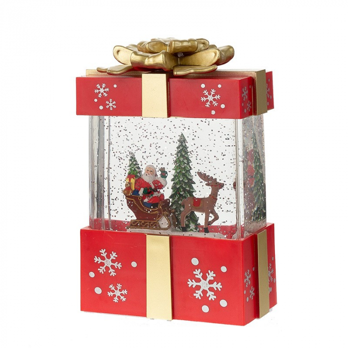 Decoratiune Craciun, Tip Cutie de Cadou, Figurine Mos Craciun cu Sania, 3 Moduri, Functie Muzicala, Zapada in Miscare, Functioneaza Cu Baterii ( 3 x AA neincluse), Cablu USB (Inclus), Model Cadou Rosu [3]