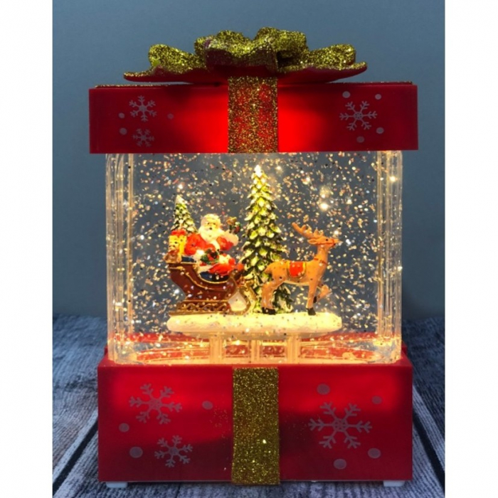 Decoratiune Craciun, Tip Cutie de Cadou, Figurine Mos Craciun cu Sania, 3 Moduri, Functie Muzicala, Zapada in Miscare, Functioneaza Cu Baterii ( 3 x AA neincluse), Cablu USB (Inclus), Model Cadou Rosu [6]