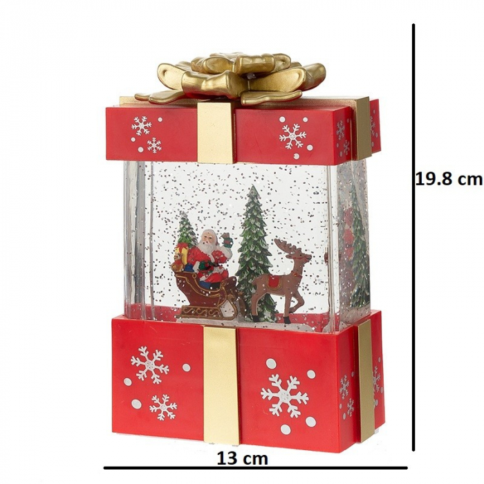Decoratiune Craciun, Tip Cutie de Cadou, Figurine Mos Craciun cu Sania, 3 Moduri, Functie Muzicala, Zapada in Miscare, Functioneaza Cu Baterii ( 3 x AA neincluse), Cablu USB (Inclus), Model Cadou Rosu [2]