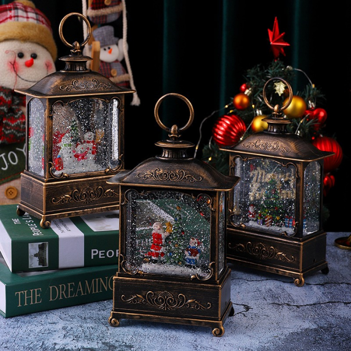 Decoratiune Craciun, Tip Felinar, Figurine Mos Craciun cu Baietel, 3 Moduri, Functie Muzicala, Zapada in Miscare, Functioneaza Cu Baterii ( 3 x AA neincluse), Cablu USB (Inclus), Model Vintage Negru - [2]