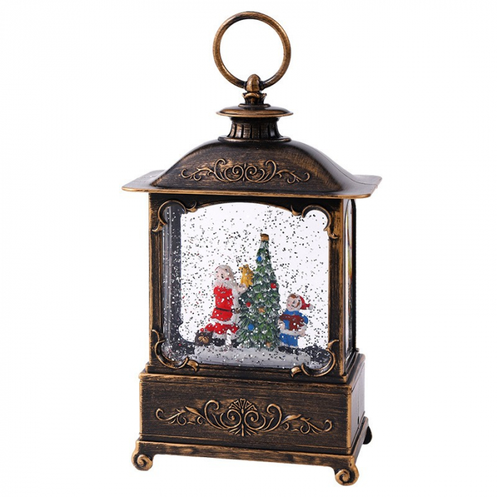 Decoratiune Craciun, Tip Felinar, Figurine Mos Craciun cu Baietel, 3 Moduri, Functie Muzicala, Zapada in Miscare, Functioneaza Cu Baterii ( 3 x AA neincluse), Cablu USB (Inclus), Model Vintage Negru - [6]