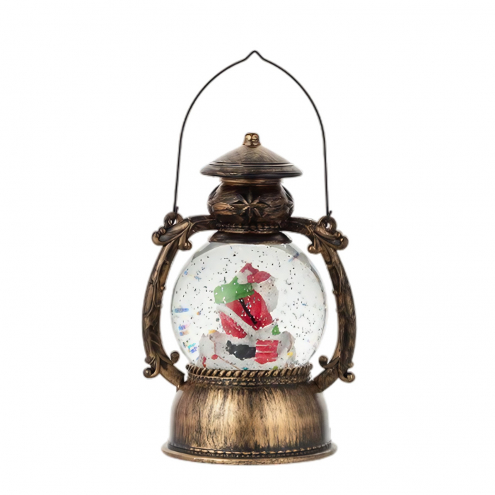 Decoratiune Craciun, Tip Felinar, Figurine Mos Craciun pe Cos, 3 Moduri, Functie Muzicala, Zapada in Miscare, Functioneaza Cu Baterii ( 3 x AA neincluse), Cablu USB (Inclus), Model Vintage Negru - Aur [4]