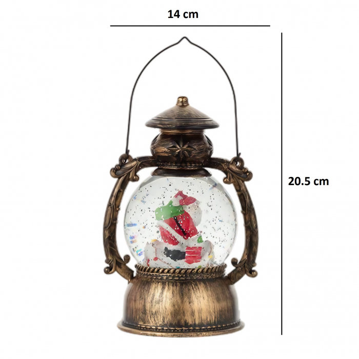 Decoratiune Craciun, Tip Felinar, Figurine Mos Craciun pe Cos, 3 Moduri, Functie Muzicala, Zapada in Miscare, Functioneaza Cu Baterii ( 3 x AA neincluse), Cablu USB (Inclus), Model Vintage Negru - Aur [2]