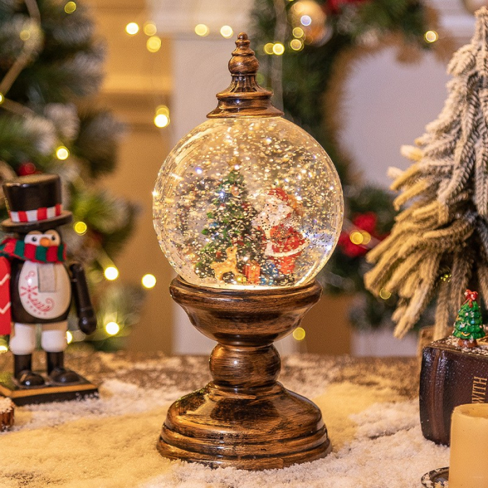 Decoratiune Craciun, Tip Felinar, Glob 12 cm, Figurine Mos Craciun si Brad, 3 Moduri, Functie Muzicala, Zapada in Miscare, Functioneaza Cu Baterii ( 3 x AA neincluse), Cablu USB (Inclus), Model Vintag [1]