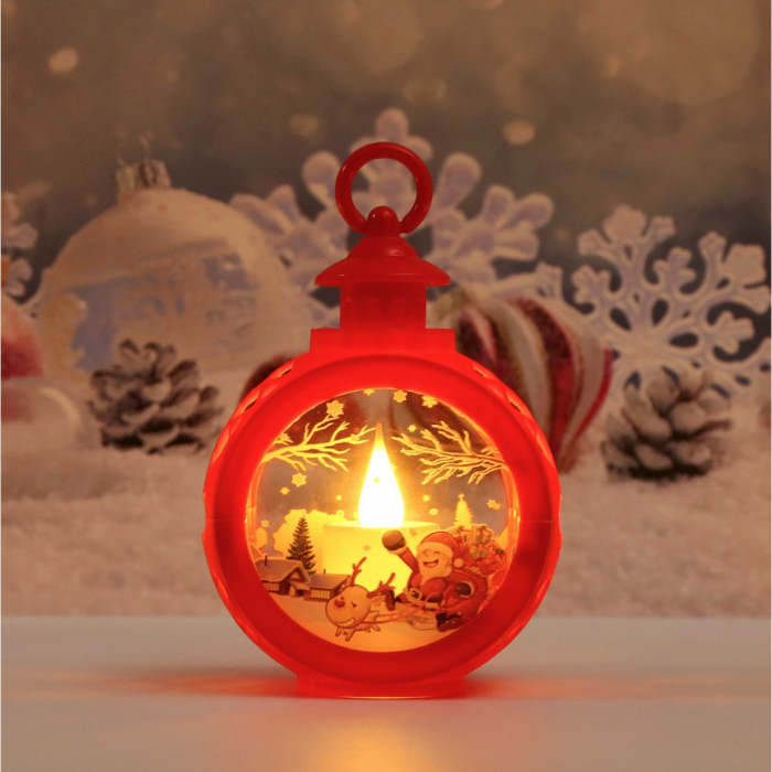 Decoratiune Craciun tip Felinare cu baterii, 13.5 x 9 cm,Lumanare cu geam si inscriptie Mos Craciun cu sanie,lumina alb cald,baterii incluse,Rosu [2]