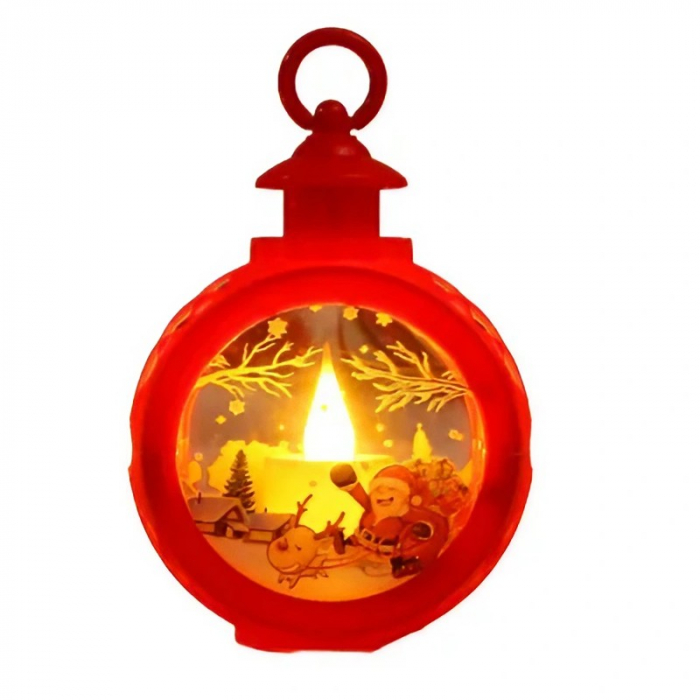 Decoratiune Craciun tip Felinare cu baterii, 13.5 x 9 cm,Lumanare cu geam si inscriptie Mos Craciun cu sanie,lumina alb cald,baterii incluse,Rosu [1]