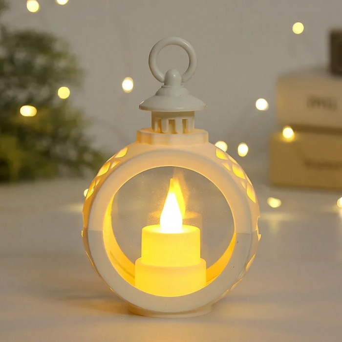Decoratiune Craciun tip Felinare cu baterii, 13.5 x 9 cm,Lumanare cu lumina alb cald fara geam,baterii incluse,Alb [3]