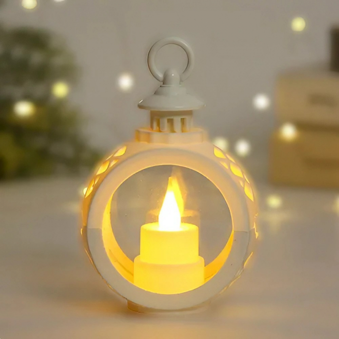 Decoratiune Craciun tip Felinare cu baterii, 13.5 x 9 cm,Lumanare cu lumina alb cald fara geam,baterii incluse,Alb [2]