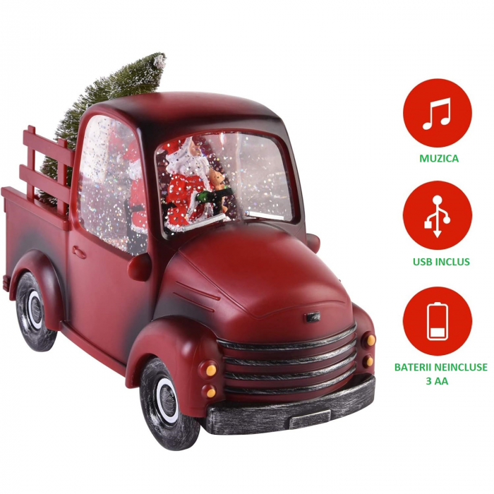 Decoratiune Craciun, Tip Masina, Figurine Mos Craciun cu Bradul, 3 Moduri, Functie Muzicala, Zapada in Miscare, Functioneaza Cu Baterii ( 3 x AA neincluse), Cablu USB (Inclus), Model Rosu, 24 x 10 x 1 [5]