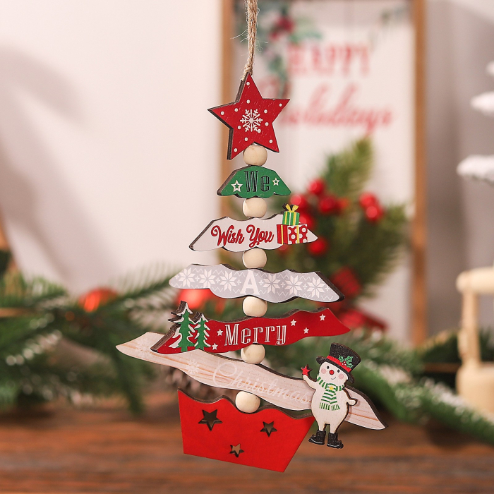 Decoratiune de Craciun din Lemn, Flippy, cu Snur pentru Agatare in Brad, Model Brad de Craciun si Om de Zapada, Scris We Wish You A Merry Christmas, 17x12.8x0.4 cm, Multicolor [3]
