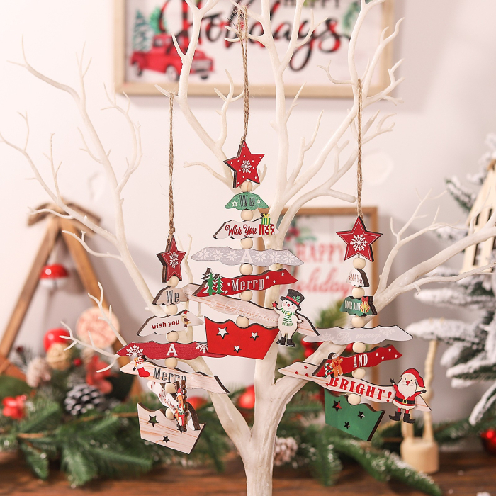 Decoratiune de Craciun din Lemn, Flippy, cu Snur pentru Agatare in Brad, Model Brad de Craciun si Om de Zapada, Scris We Wish You A Merry Christmas, 17x12.8x0.4 cm, Multicolor [7]