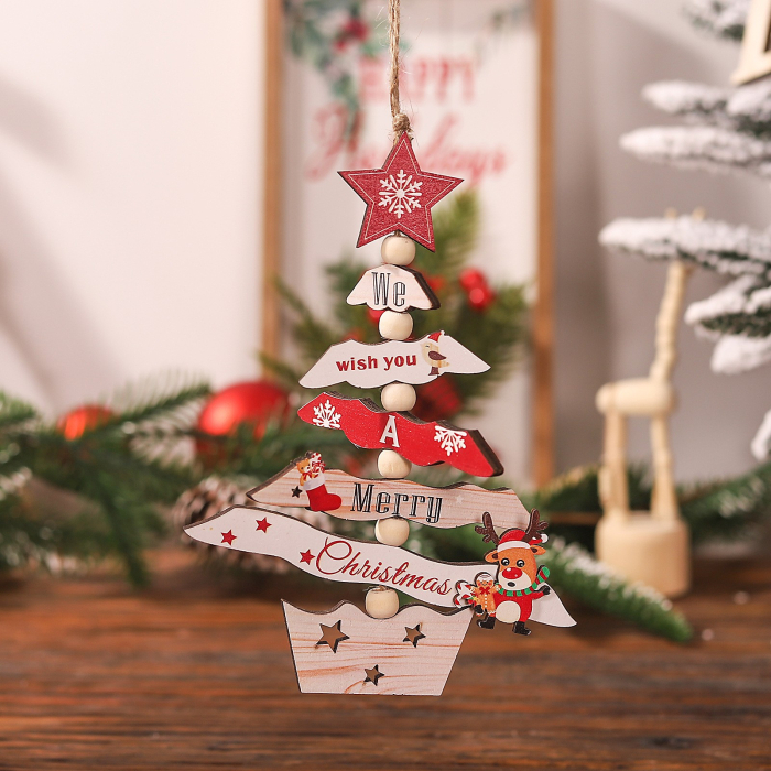 Decoratiune de Craciun din Lemn, Flippy, cu Snur pentru Agatare in Brad, Model Brad de Craciun si Ren, Scris We Wish You A Merry Christmas, 17x12.8x0.4 cm, Multicolor [3]