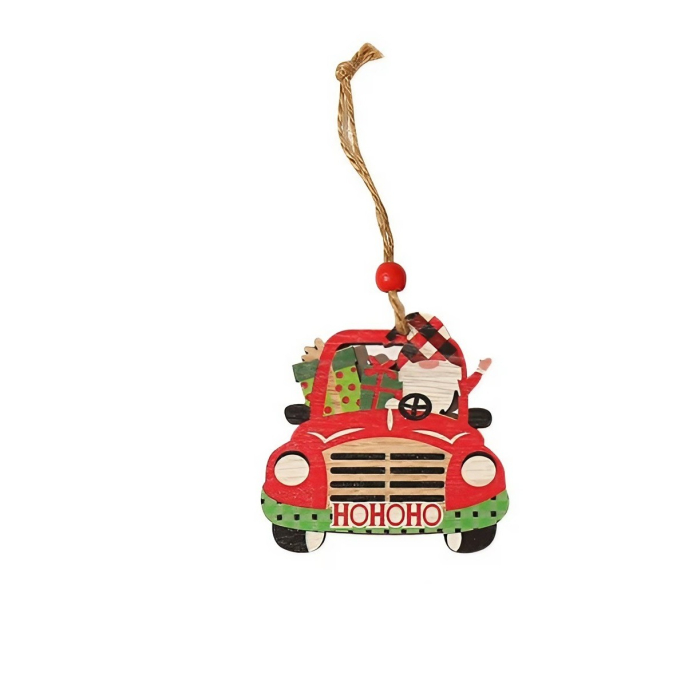 Decoratiune de Craciun din Lemn, Flippy, cu Snur pentru Agatare in Brad, Model Masina lui Mos Craciun, Scris HoHoHO, 8x8x0.4 cm, Multicolor [1]