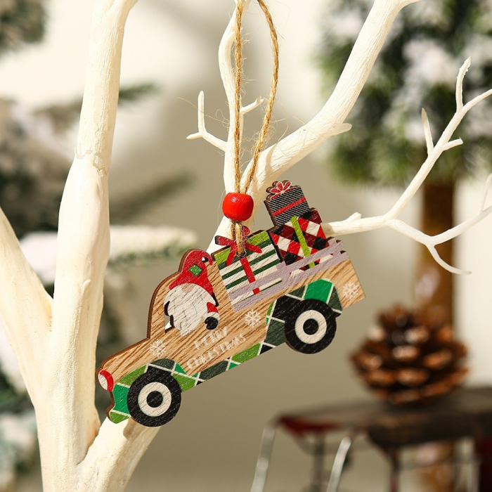 Decoratiune de Craciun din Lemn, Flippy, cu Snur pentru Agatare in Brad, Model Masina lui Mos Craciun, Scris Merry Christmas, 8x8x0.4 cm, Multicolor [4]