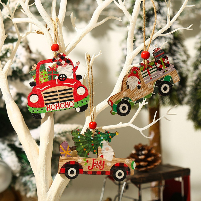 Decoratiune de Craciun din Lemn, Flippy, cu Snur pentru Agatare in Brad, Model Masina lui Mos Craciun, Scris Merry Christmas, 8x8x0.4 cm, Multicolor [7]