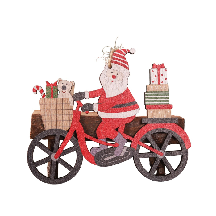 Decoratiune de Craciun din Lemn, Flippy, cu Snur pentru Agatare in Brad, Model Mos Craciun pe Bicicleta, 10.3x11.5x0.5 cm, Multicolor [1]