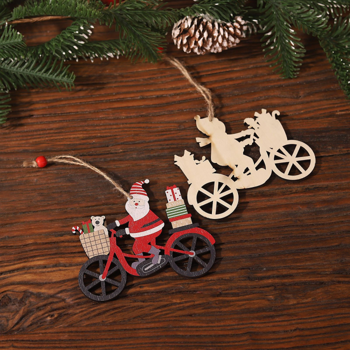 Decoratiune de Craciun din Lemn, Flippy, cu Snur pentru Agatare in Brad, Model Mos Craciun pe Bicicleta, 10.3x11.5x0.5 cm, Multicolor [4]