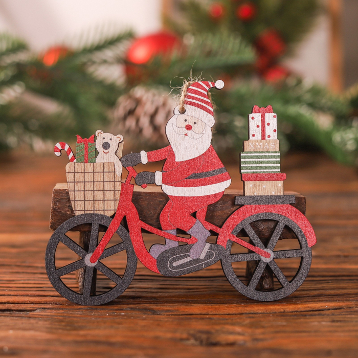 Decoratiune de Craciun din Lemn, Flippy, cu Snur pentru Agatare in Brad, Model Mos Craciun pe Bicicleta, 10.3x11.5x0.5 cm, Multicolor [2]