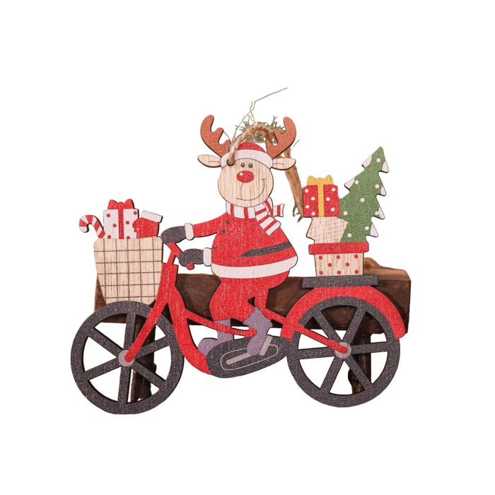 Decoratiune de Craciun din Lemn, Flippy, cu Snur pentru Agatare in Brad, Model Ren pe Bicicleta, 10.3x11.5x0.5 cm, Multicolor [1]