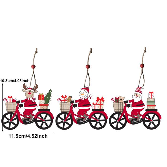 Decoratiune de Craciun din Lemn, Flippy, cu Snur pentru Agatare in Brad, Model Ren pe Bicicleta, 10.3x11.5x0.5 cm, Multicolor [3]