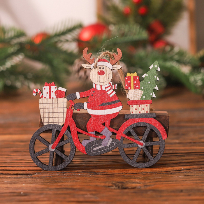 Decoratiune de Craciun din Lemn, Flippy, cu Snur pentru Agatare in Brad, Model Ren pe Bicicleta, 10.3x11.5x0.5 cm, Multicolor [2]