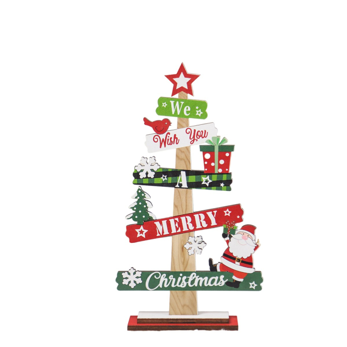 Decoratiune de Craciun din Lemn, Flippy, pentru Masa, Scris We Wish You A Merry Christmas, Model Bradut, 21.5x12.2x4 cm, Multicolor [1]