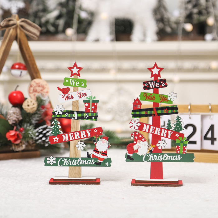 Decoratiune de Craciun din Lemn, Flippy, pentru Masa, Scris We Wish You A Merry Christmas, Model Bradut, 21.5x12.2x4 cm, Multicolor [8]