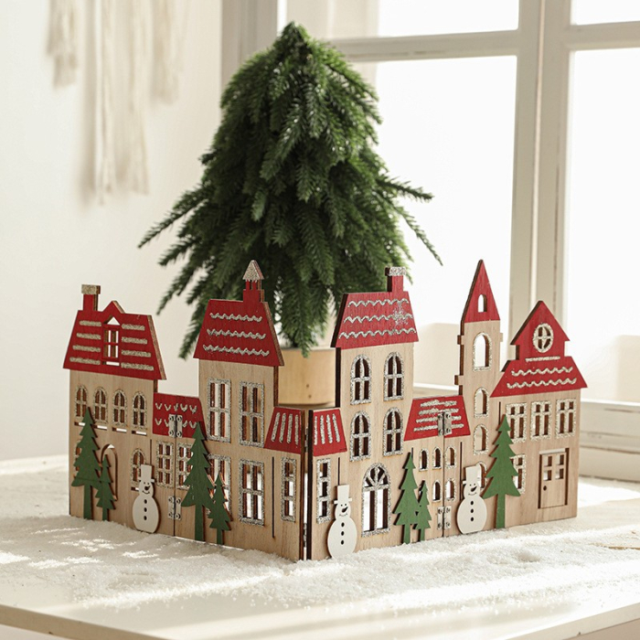 Decoratiune de Craciun, Flippy, Model Orasel de Craciun pentru Brad, in stil European, Pliabil din Lemn, 57 x 20 cm, Maro Natur Rosu [6]