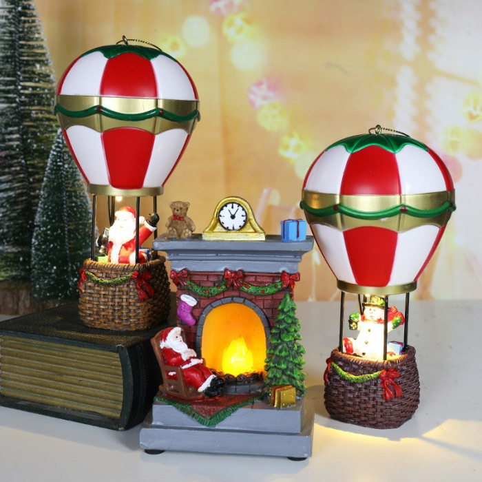 Decoratiune de Craciun tip Balon cu Aer Cald, Flippy, Balon cu Mos Craciun, din Rasina, Model Balon cu Aer Cald si Mos Craciun Iluminare LED, 17 x 5 x 5 cm, Gri Rosu [4]