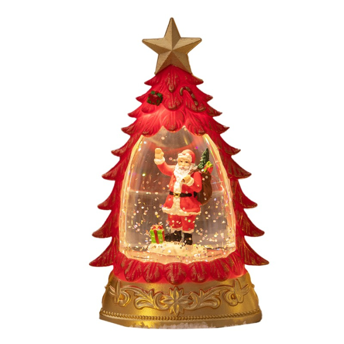 Decoratiune de Craciun tip Brad, Flippy, Glob de Cristal cu Fulgi de Zapada, Model Mos Craciun, Iluminare LED, 16 x 9 x 5 cm, Carcasa Vintage Rosu, Transparent [1]