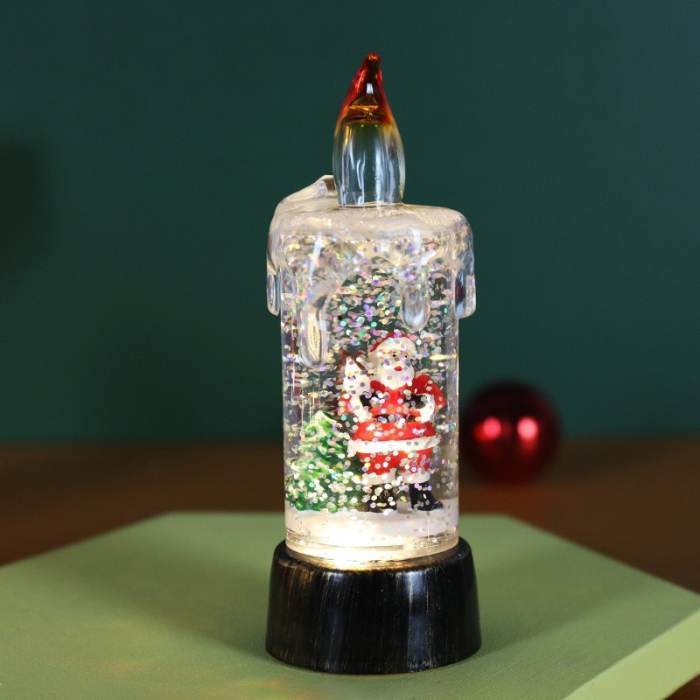 Decoratiune de Craciun tip Lumanare, Flippy, Lumanare de Cristal cu Fulgi de Zapada, Model Mos Craciun cu Sclipici, Iluminare LED, 13 x 5 x 5 cm, Baza Vintage Bronze, Transparent [2]