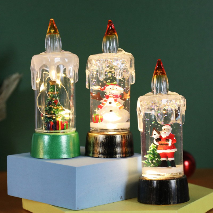 Decoratiune de Craciun tip Lumanare, Flippy, Lumanare de Cristal fara Fulgi de Zapada, Model Mos Craciun, Iluminare LED, 13 x 5 x 5 cm, Baza Rosie, Transparent [4]