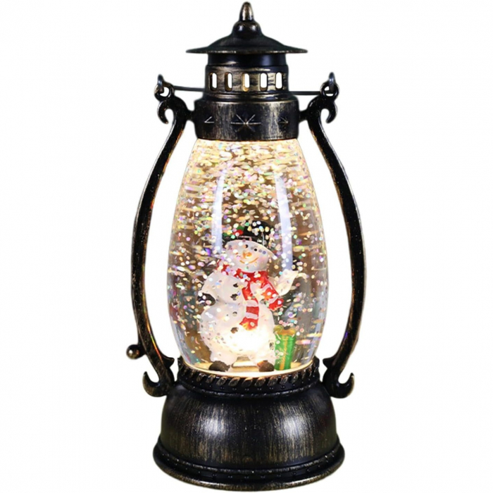Decoratiune Luminoasa, Flippy, Felinar de Craciun, cu Lumina LED, Ornament Model Lampa cu Ulei Om de Zapada, cu Maner, 14x7x6 cm, Negru [1]